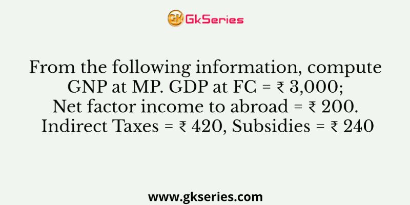 From the following information, compute GNP at MP. GDP at FC = ₹ 3,000; Net factor income to abroad = ₹ 200. Indirect Taxes = ₹ 420, Subsidies = ₹ 240