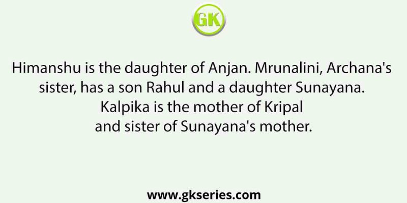 Himanshu is the daughter of Anjan. Mrunalini, Archana’s sister, has a son Rahul and a daughter Sunayana. Kalpika is the mother of Kripal and sister of Sunayana’s mother. Rahul is the cousin of Kripal. Kripal is the brother of Himanshu. How is Archana related to Anjan?
