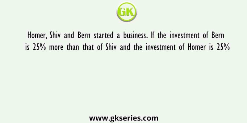 Homer, Shiv and Bern started a business. If the investment of Bern is 25% more than that of Shiv and the investment of Homer is 25%