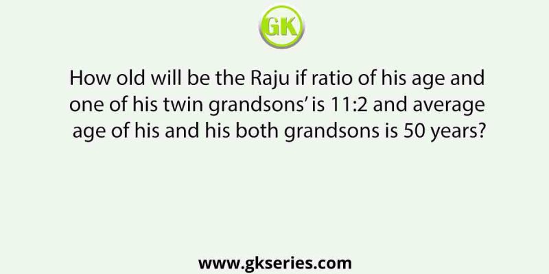 How old will be the Raju if ratio of his age and one of his twin grandsons’ is 11:2 and average age of his and his both grandsons is 50 years?
