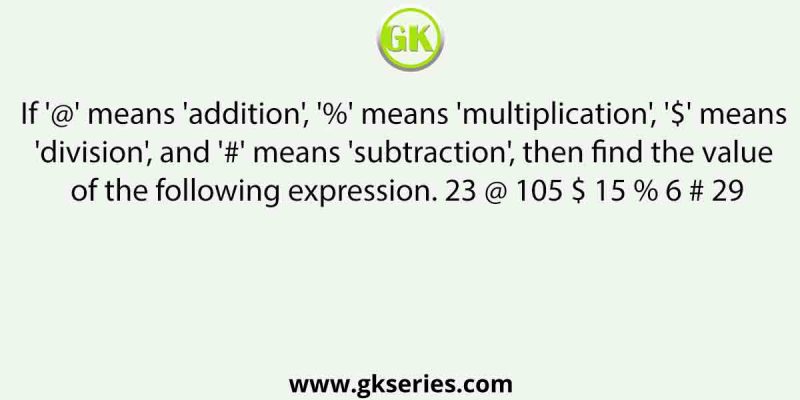 If ‘@’ means ‘addition’, ‘%’ means ‘multiplication’, ‘$’ means ‘division’, and ‘#’ means ‘subtraction’, then find the value of the following expression. 23 @ 105 $ 15 % 6 # 29