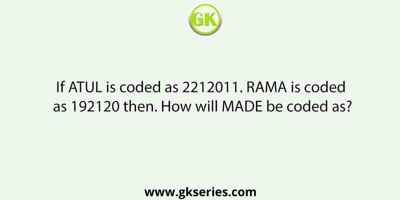 If ATUL is coded as 2212011. RAMA is coded as 192120 then. How will MADE be coded as?