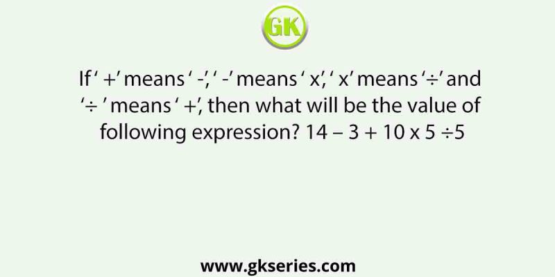 If ‘ +’ means ‘ -’, ‘ -’ means ‘ x’, ‘ x’ means ‘÷’ and ‘÷ ’ means ‘ +’, then what will be the value of following expression? 14 – 3 + 10 x 5 ÷5
