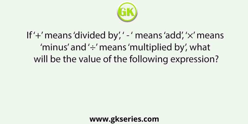 If ‘+’ means ‘divided by’, ‘ – ‘ means ‘add’, ‘×’ means ‘minus’ and ‘÷’ means ‘multiplied by’, what will be the value of the following expression?