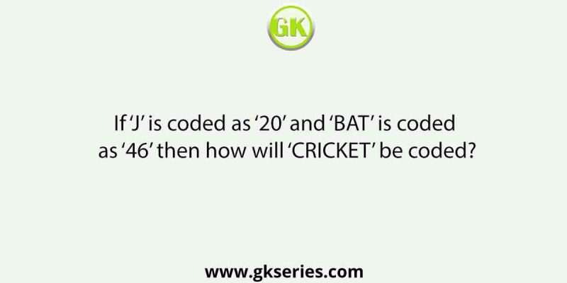 If ‘J’ is coded as ‘20’ and ‘BAT’ is coded as ‘46’ then how will ‘CRICKET’ be coded?