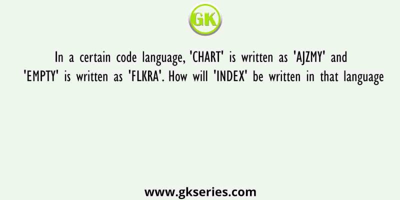 In a certain code language, ‘CHART’ is written as ‘AJZMY’ and ‘EMPTY’ is written as ‘FLKRA’. How will ‘INDEX’ be written in that language