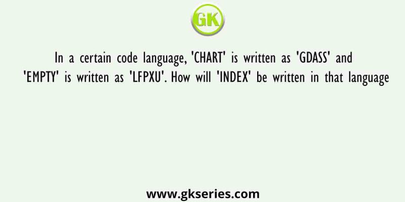 In a certain code language, ‘CHART’ is written as ‘GDASS’ and ‘EMPTY’ is written as ‘LFPXU’. How will ‘INDEX’ be written in that language