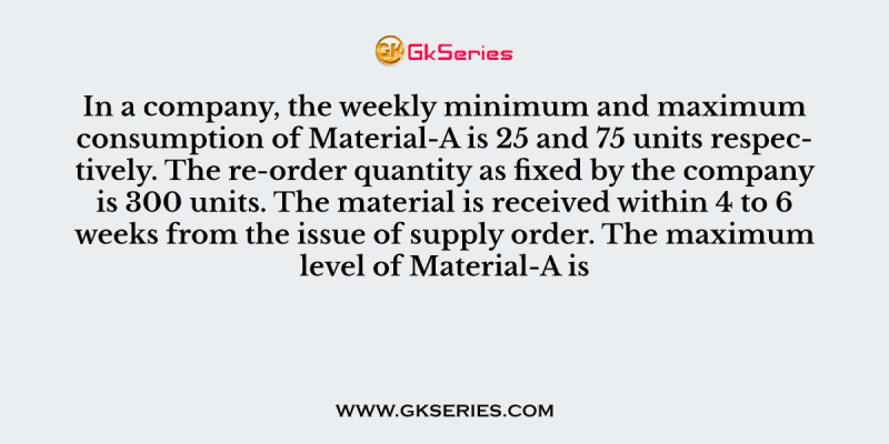 In a company, the weekly minimum and maximum consumption of Material-A is 25 and 75 units respectively. The re-order quantity as fixed by the company is 300 units. The material is received within 4 to 6 weeks from the issue of supply order. The maximum level of Material-A is