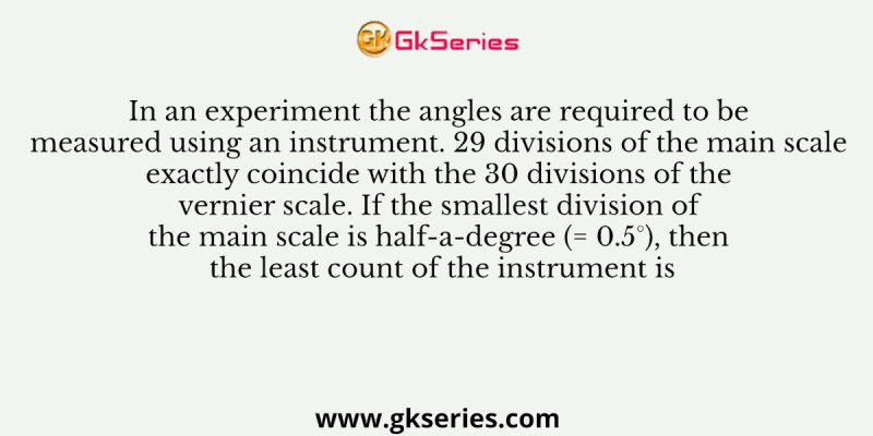 In an experiment the angles are required to be measured using an instrument. 29 divisions of the main scale exactly coincide with the 30 divisions of the vernier scale. If the smallest division of the main scale is half-a-degree (= 0.5°), then the least count of the instrument is