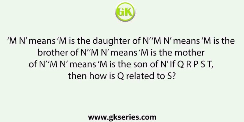 ‘M N’ means ‘M is the daughter of N’ ‘M N’ means ‘M is the brother of N’‘M N’ means ‘M is the mother of N’ ‘M N’ means ‘M is the son of N’ If Q R P S T, then how is Q related to S?