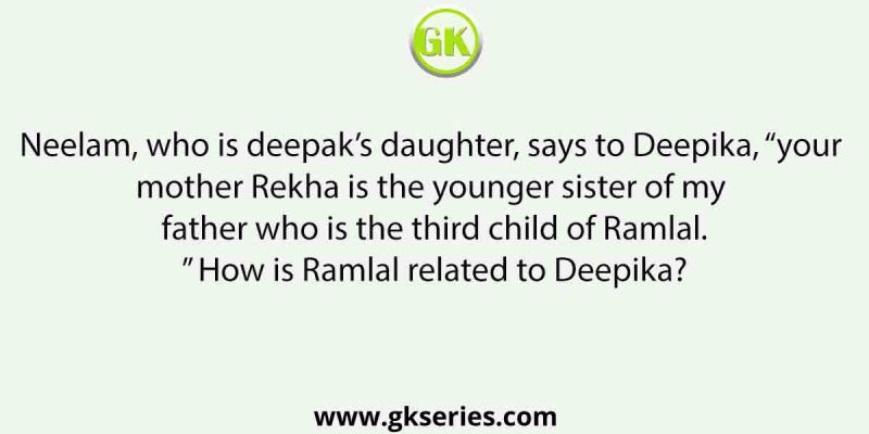 Neelam, who is deepak’s daughter, says to Deepika, “your mother Rekha is the younger sister of my father who is the third child of Ramlal.” How is Ramlal related to Deepika?