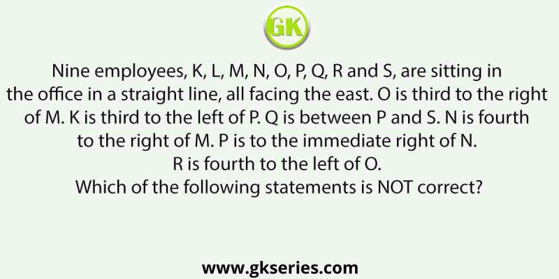Nine employees, K, L, M, N, O, P, Q, R and S, are sitting in the office in a straight line, all facing the east. O is third to the right of M.