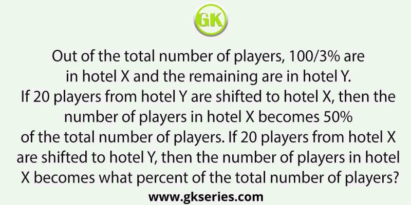 Out of the total number of players, 100/3% are in hotel X and the remaining are in hotel Y. If 20 players from hotel Y are shifted to hotel X, then the number of players in hotel X becomes 50% of the total number of players. If 20 players from hotel X are shifted to hotel Y, then the number of players in hotel X becomes what percent of the total number of players?