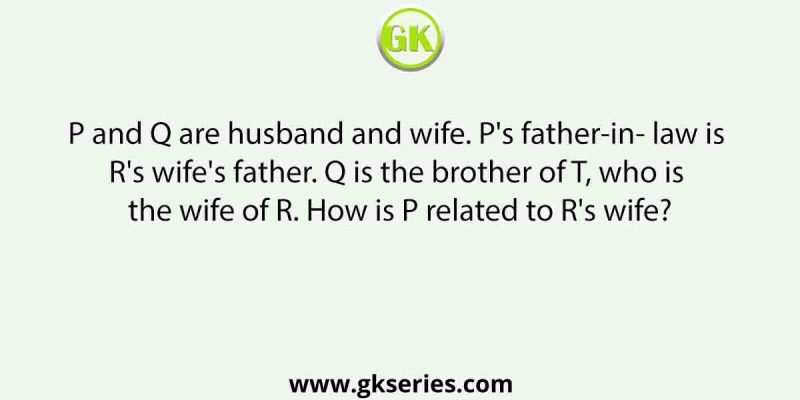 P and Q are husband and wife. P’s father-in- law is R’s wife’s father. Q is the brother of T, who is the wife of R. How is P related to R’s wife?