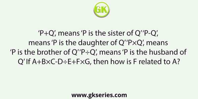 ‘P+Q’, means ‘P is the sister of Q’ ‘P-Q’, means ‘P is the daughter of Q’ ‘P×Q’, means ‘P is the brother of Q’ ‘P÷Q’, means ‘P is the husband of Q’ If A+B×C-D÷E+F×G, then how is F related to A?