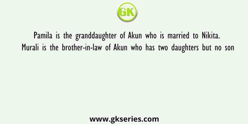 Pamila is the granddaughter of Akun who is married to Nikita. Murali is the brother-in-law of Akun who has two daughters but no son