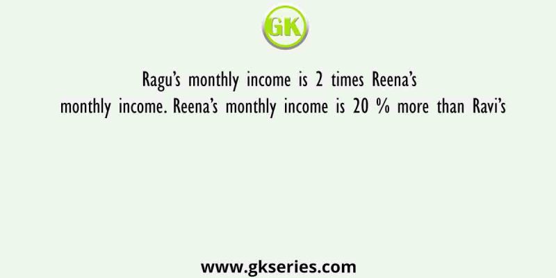 Ragu’s monthly income is 2 times Reena’s monthly income. Reena’s monthly income is 20 % more than Ravi’s