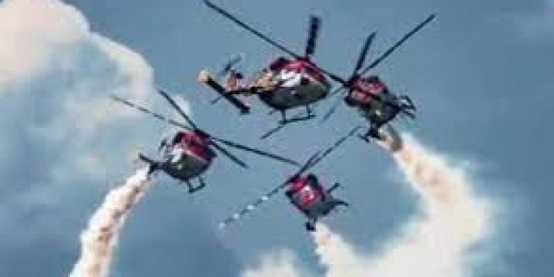 Sarang helicopter display team of the Indian Air Force performs in Russia