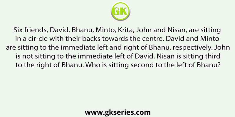 Six friends, David, Bhanu, Minto, Krita, John and Nisan, are sitting in a circle with their backs towards the centre.