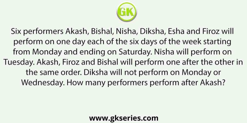 Six performers Akash, Bishal, Nisha, Diksha, Esha and Firoz will perform on one day each of the six days of the week starting from Monday and ending on Saturday.
