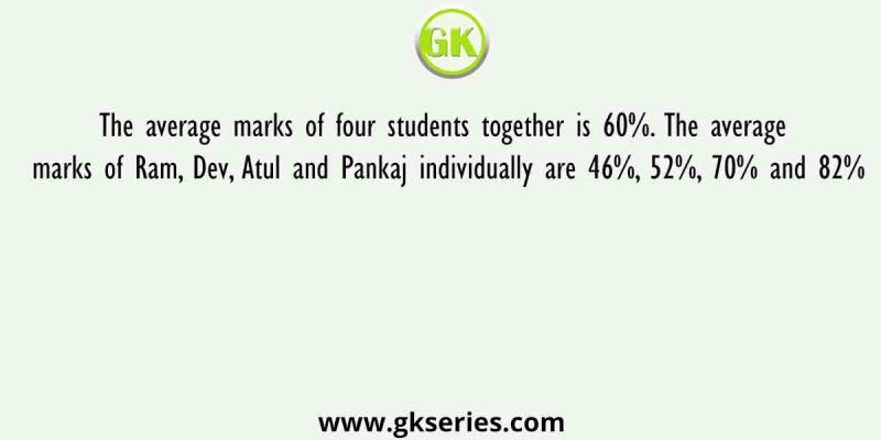 The average marks of four students together is 60%. The average marks of Ram, Dev, Atul and Pankaj individually are 46%, 52%, 70% and 82%