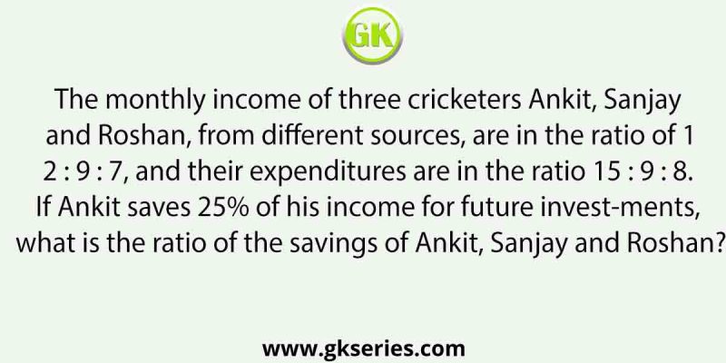 The monthly income of three cricketers Ankit, Sanjay and Roshan, from different sources, are in the ratio of 12 : 9 : 7, and their expenditures are in the ratio 15 : 9 : 8. If Ankit saves 25% of his income for future investments, what is the ratio of the savings of Ankit, Sanjay and Roshan?