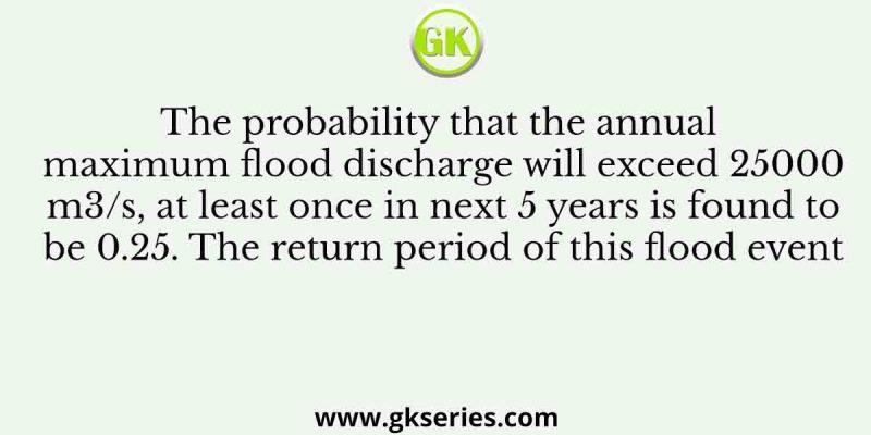 The probability that the annual maximum flood discharge will exceed 25000 m3/s, at least once in next 5 years is found to be 0.25. The return period of this flood event