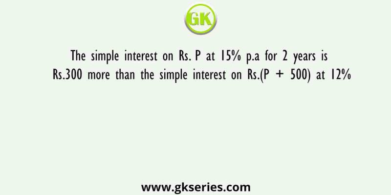 The simple interest on Rs. P at 15% p.a for 2 years is Rs.300 more than the simple interest on Rs.(P + 500) at 12%