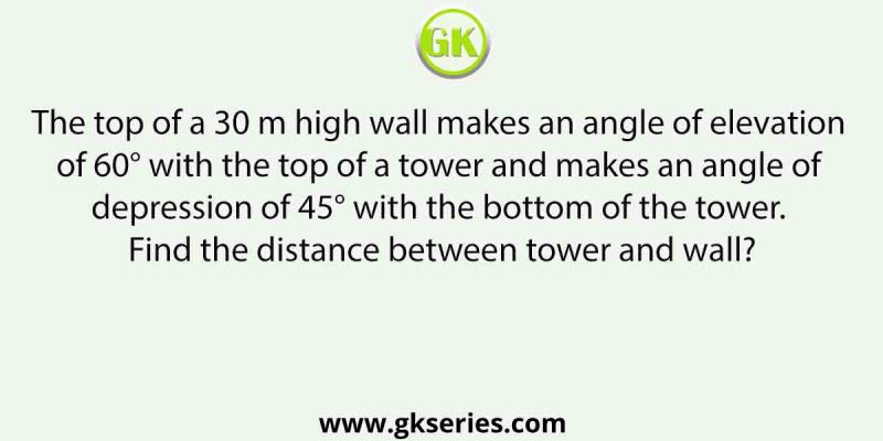 The top of a 30 m high wall makes an angle of elevation of 60° with the top of a tower and makes an angle of depression of 45° with the bottom of the tower. Find the distance between tower and wall?