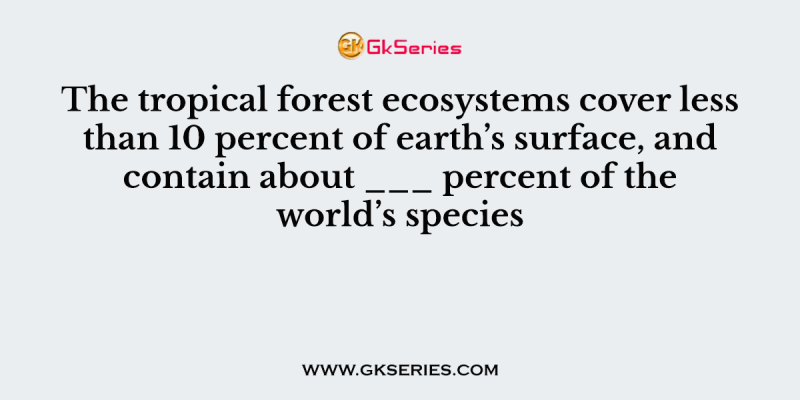 The tropical forest ecosystems cover less than 10 percent of earth’s surface, and contain about ___ percent of the world’s species