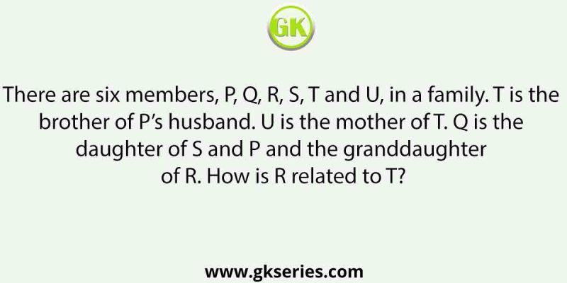 There are six members, P, Q, R, S, T and U, in a family. T is the brother of P’s husband. U is the mother of T. Q is the daughter of S and P and the granddaughter of R. How is R related to T?
