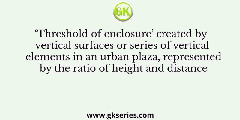 ‘Threshold of enclosure’ created by vertical surfaces or series of vertical elements in an urban plaza, represented by the ratio of height and distance