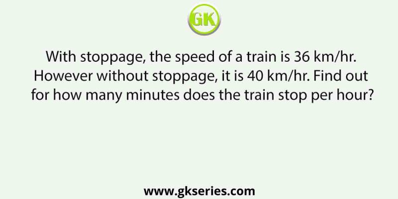 With stoppage, the speed of a train is 36 km/hr. However without stoppage, it is 40 km/hr. Find out for how many minutes does the train stop per hour?