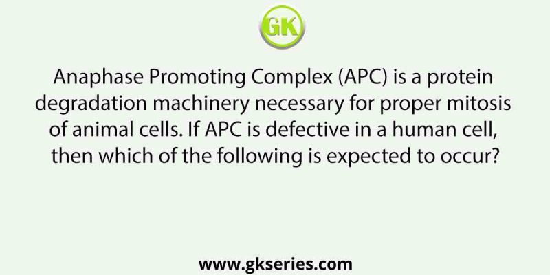 Anaphase Promoting Complex (APC) is a protein degradation machinery necessary for proper mitosis of animal cells. If APC is defective in a human cell, then which of the following is expected to occur?
